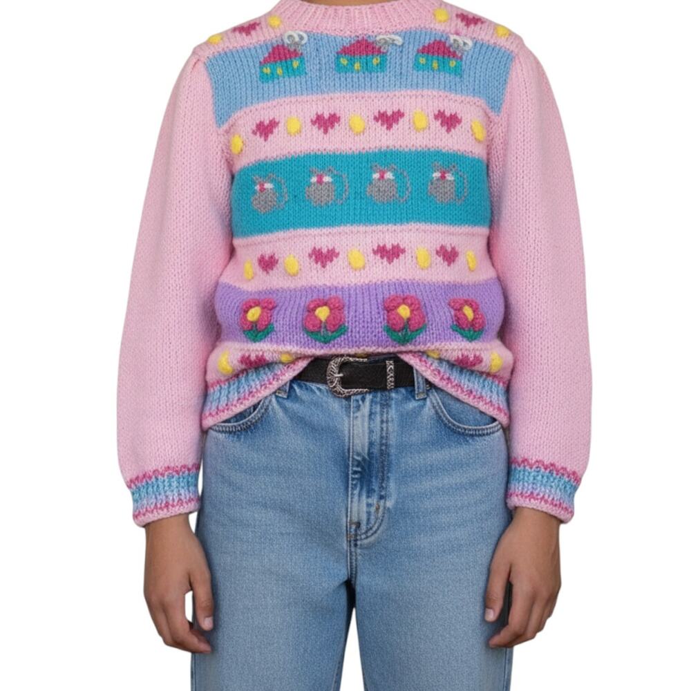 Vintage Popsicle Sweater Youth LARGE Pink Flowers Dots 3D Knit Stripes Puff Slee